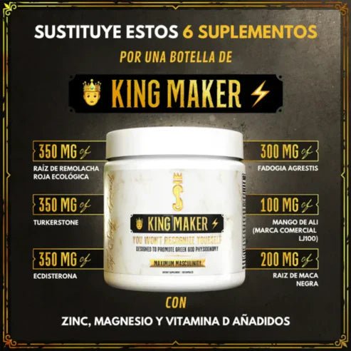 King Maker - Suplemento con Tongkat Ali, Turkesterona, Ecdisterona, Fadogia Agrestis, betarraga roja, maca negra y zinc (13 en 1) - VitaFarma Guatemala