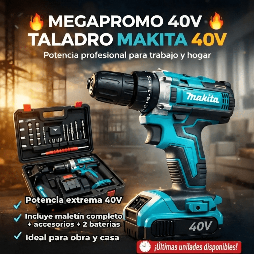 Taladro inalámbrico percutor Makita® + Maletin + 24 Accesorios + 2 Baterias 40 V - VitaFarma Guatemala